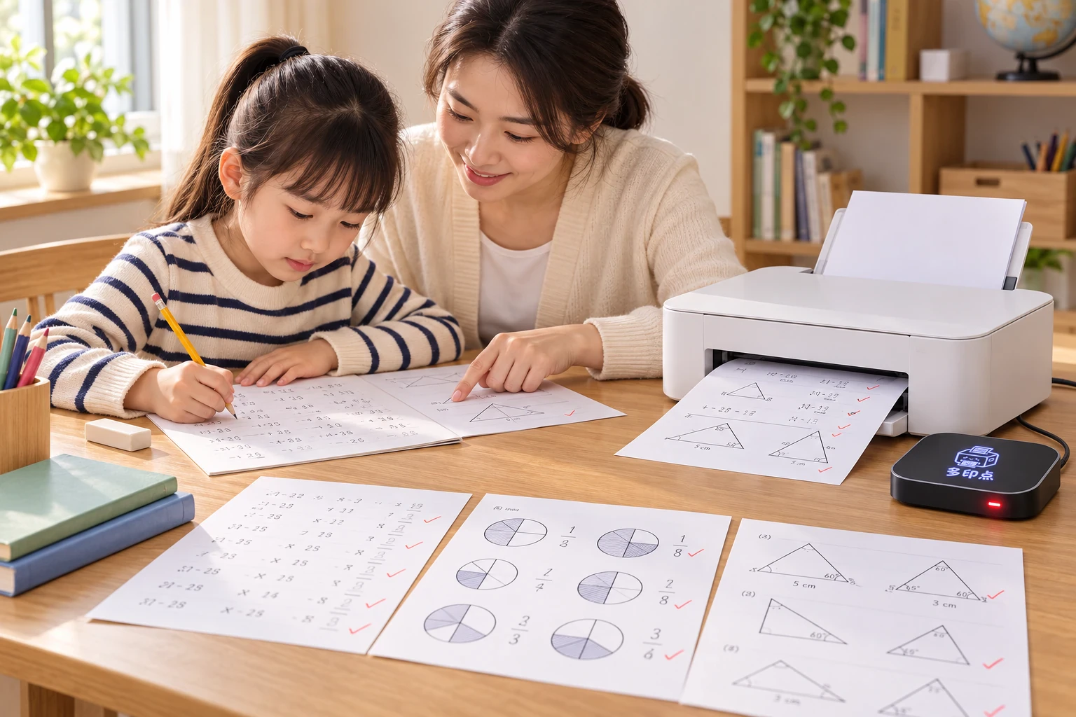 家庭打印场景示意:孩子使用数学专项练习资料学习,妈妈辅导,打印机正在输出练习纸,多印点盒子在旁